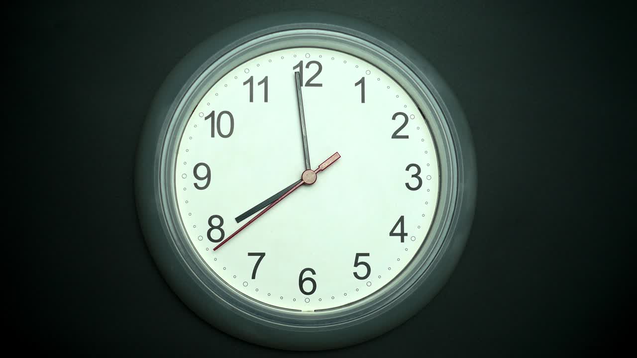 el reloj de pared blanco dice la hora.