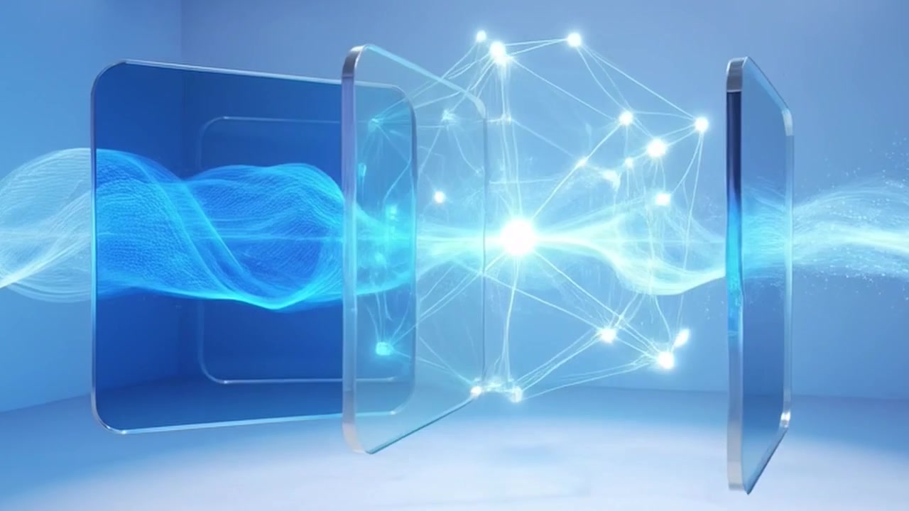 Abstract Digital Network and Glass Panels Moving in 3D Space