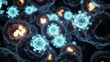 detailed visualization of microscopic cellular structures and viral particles, highlighting interactions at a cellular level in an intriguing biological environment