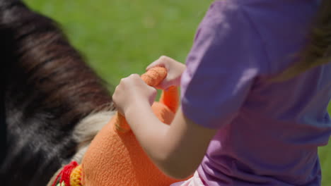 una niña monta un pony con un instructor a lo largo del parque de verano