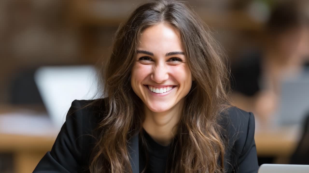 Joyful Interaction: Captivating Smiles and Shared Moments in a Vibrant Workspace Environment with a Young Woman Radiating Positivity and Confidence