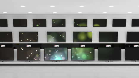 animation of rows of television sets in store with glowing screens with copy space