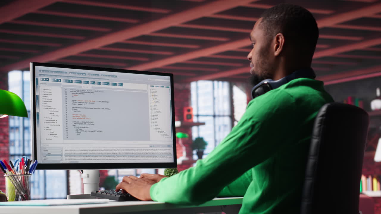 Vertical Video Tech savvy black engineer developing secure online program at home