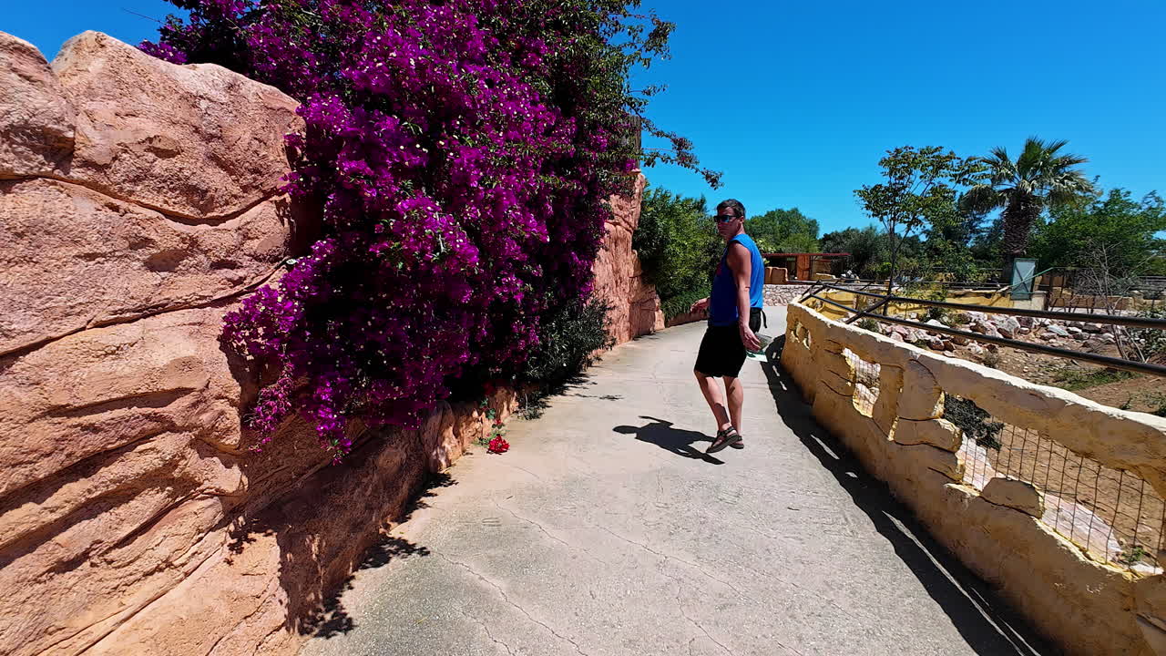 Young man walking in tropical alley of Greece, back slow motion view