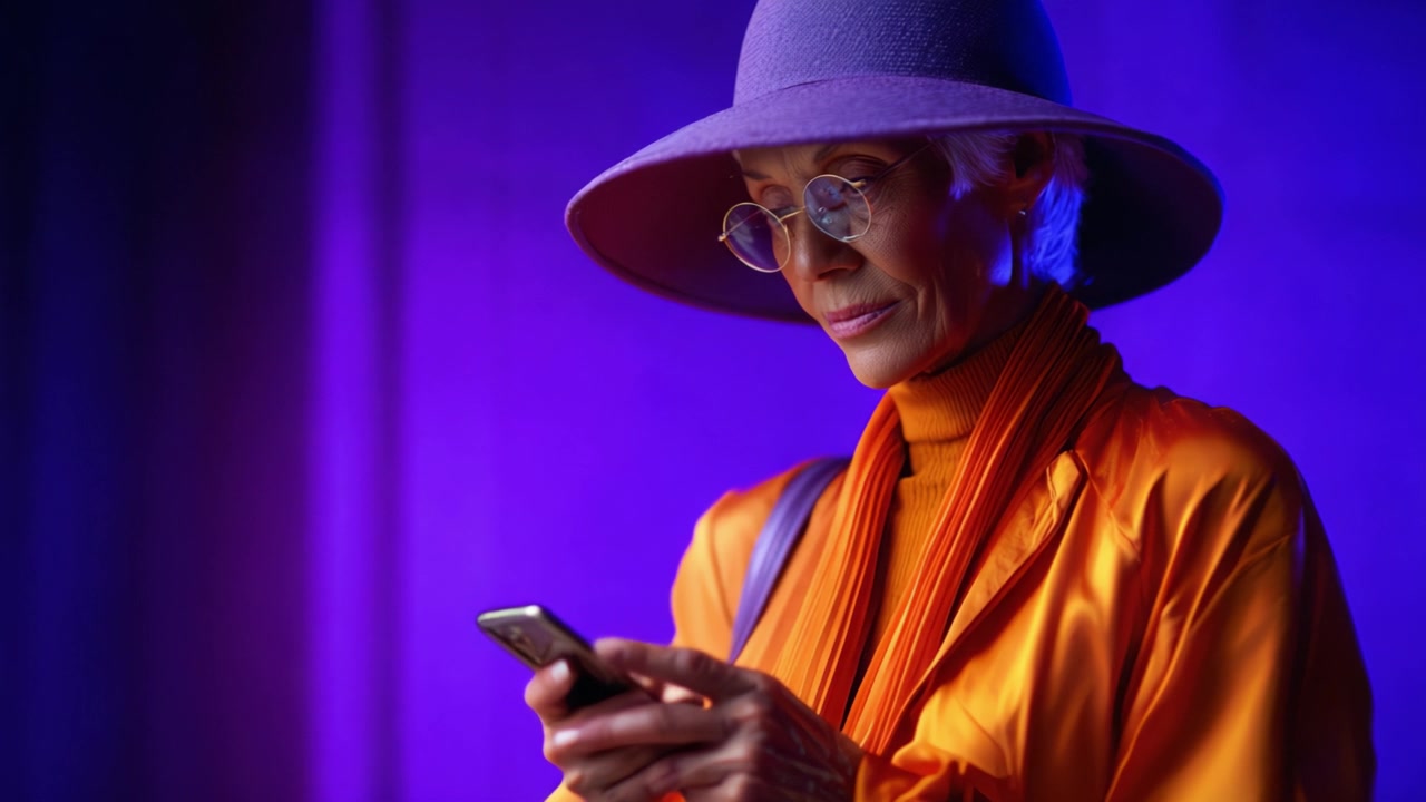 Stilig eldre kvinne i levende hatt engasjert med smarttelefon mot en lilla bakgrunn, som fremhever moderne mote og teknologiens skjæringspunkt