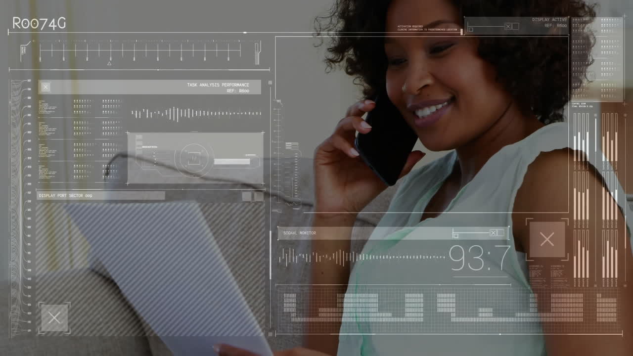 Talking on phone and reading document, woman with data processing animation over