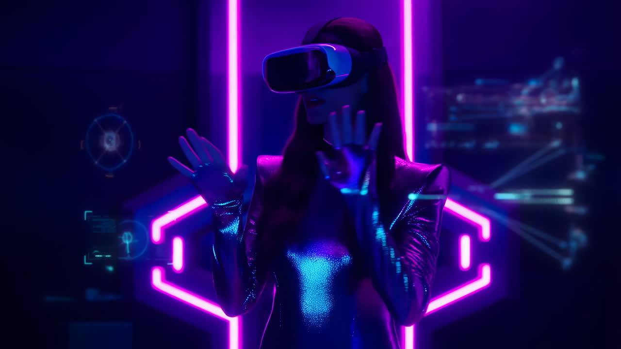 Woman in VR headset interacting in a neon-lit futuristic environment