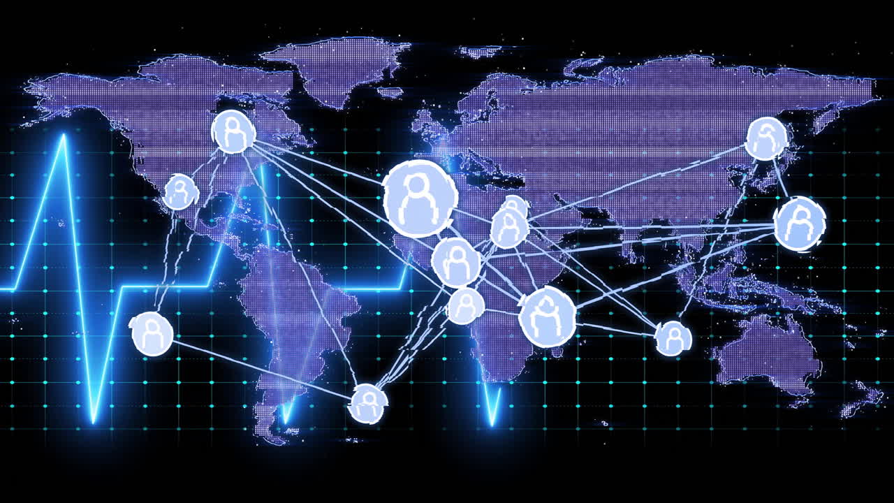 Animation of global network with data processing over digital world map