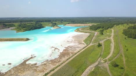 Nuclear-Lake-in-Russia,-captured-by-Drone-in-Novosibirsk,-called-Siberian-Maledives