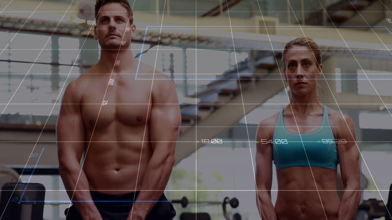 Gym partners on HUD cue performing synced kettlebell lifts while overlay analyzing reps