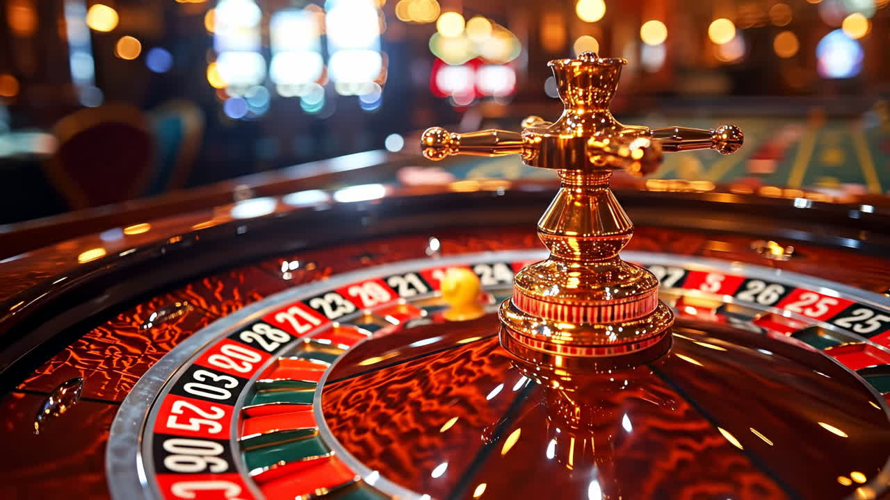 Emozionanti giri alla roulette del casinò. Una ruota della roulette gira in un vivace casinò, circondata da luci scintillanti e giocatori entusiasti che si divertono con i giochi.