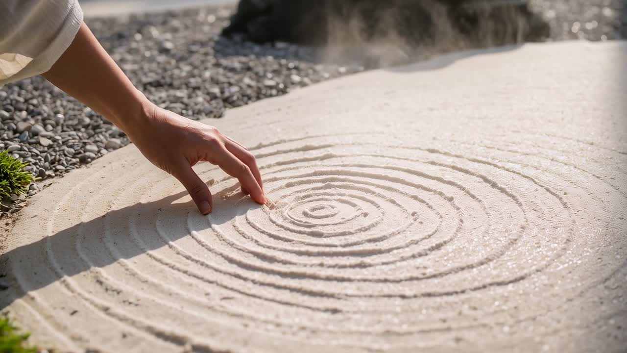Centro tattile, mano con manica chiara che traccia cerchi nella sabbia zen, ciottoli, roccia, per la meditazione