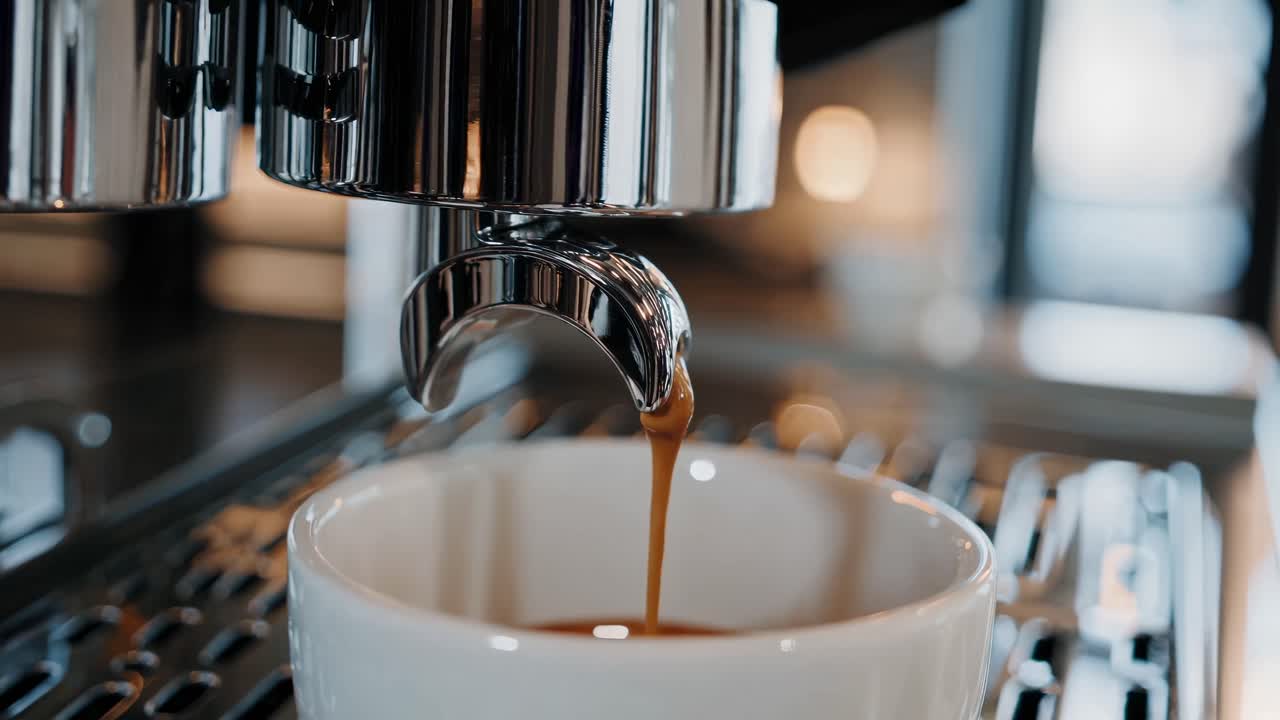 Close-up of espresso machine pouring coffee into a white cup. Espresso, coffee, and machine are key