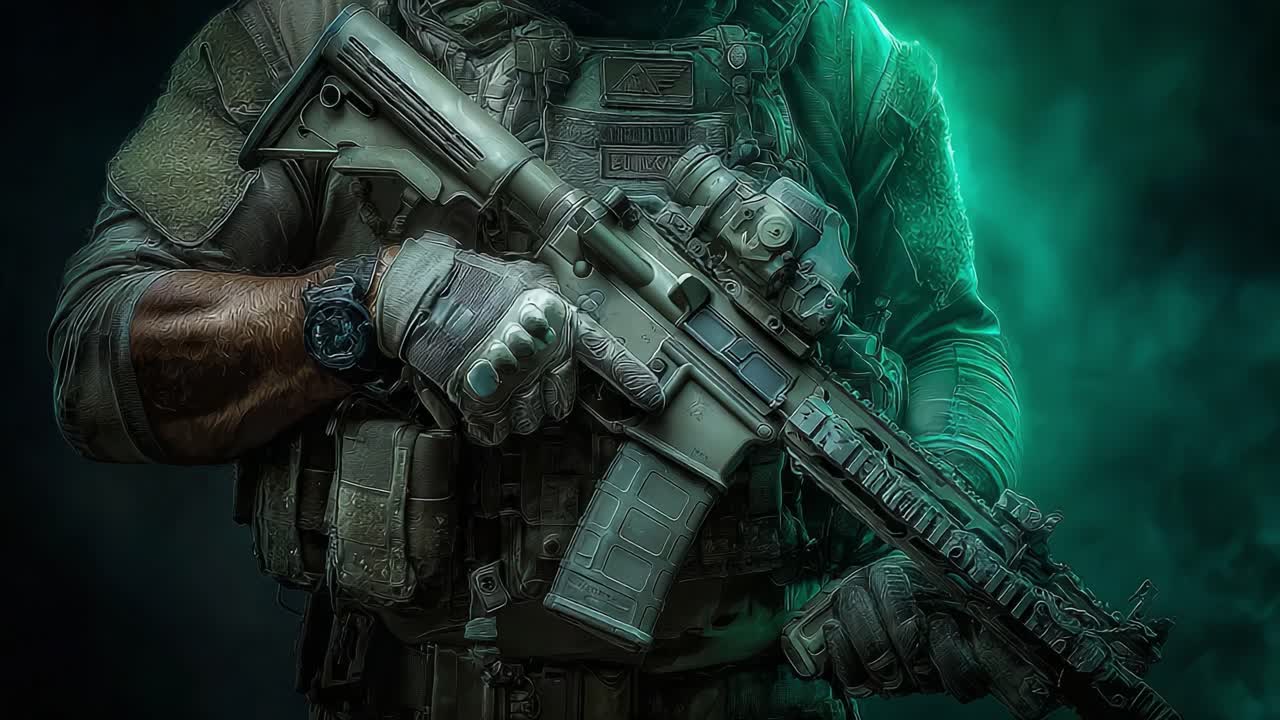 Un soldato ben equipaggiato mostra un fucile tattico in un ambiente drammatico illuminato di verde, evidenziando l'intensità e la concentrazione delle operazioni militari e la prontezza al combattimento.