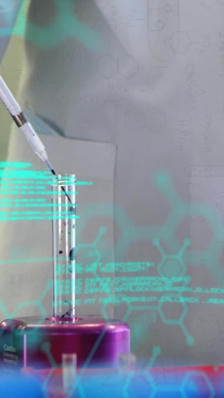Animation of scientific data processing over male scientist with test tubes in laboratory