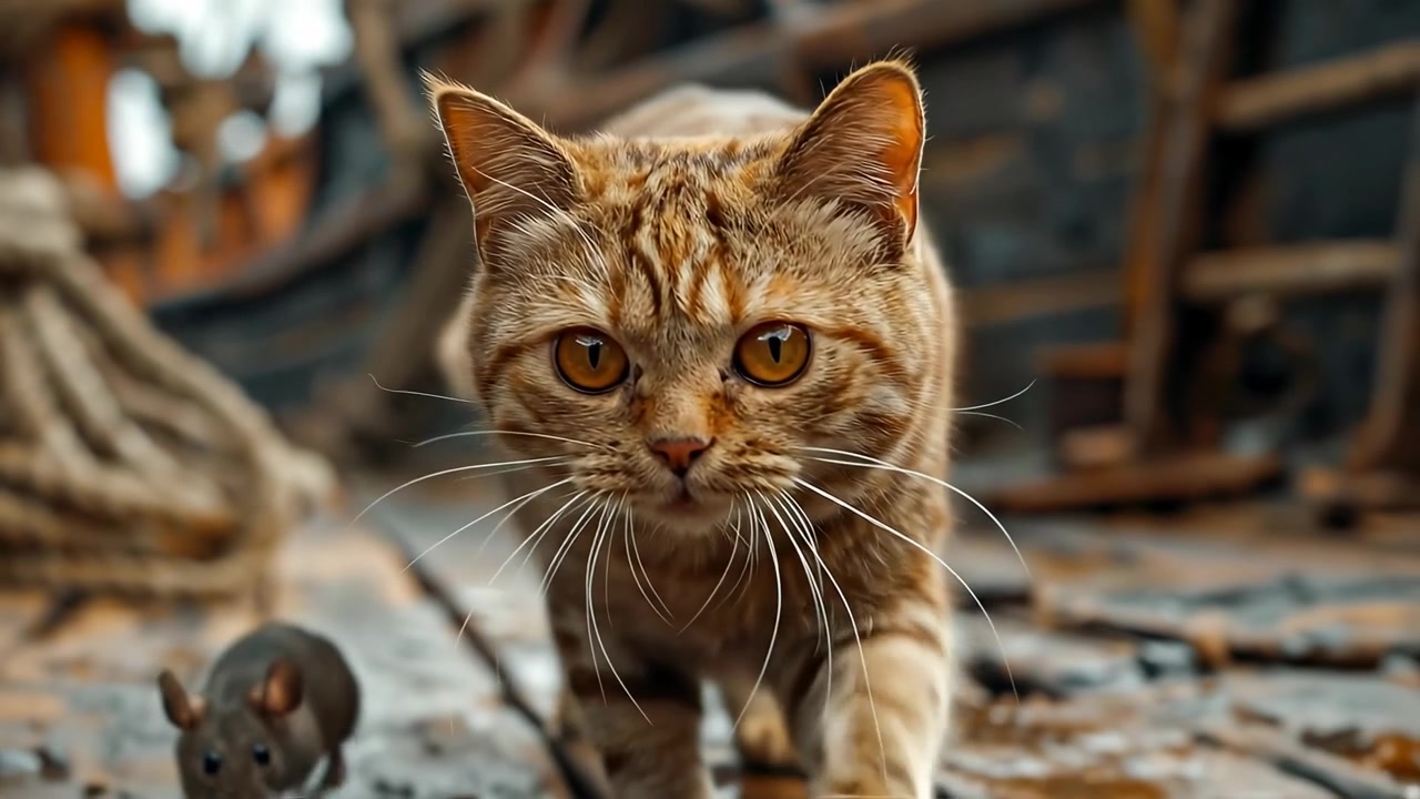 Gatto soriano che cammina in avanti su un ponte di legno vicino a un topo. Gatto soriano arancione che cammina su un pavimento di legno invecchiato con un topo in primo piano