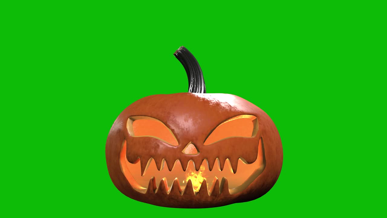 3D animation of a glowing jack-o'-lantern pumpkin 13 with candlelight inside, spinning, scaling up and down on a green screen. Perfect for Halloween intros, spooky videos, and holiday promos