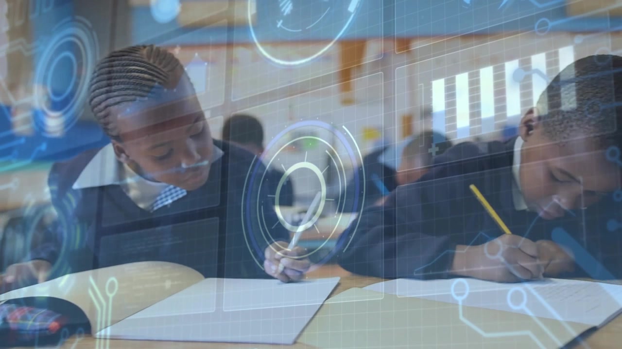 Boy student flipping workbook, holographic HUD appearing in classroom, joining peer for note taking