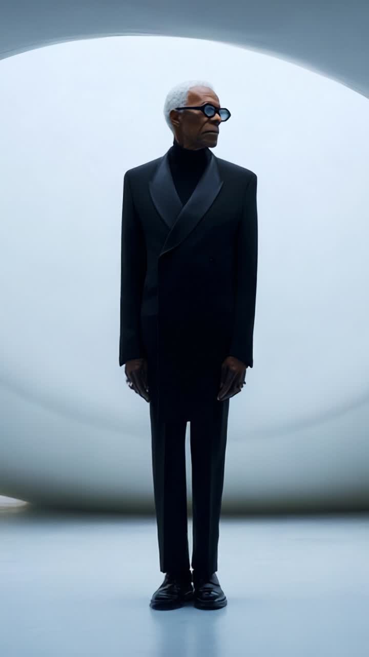 A Poised Figure in Elegant Attire Stands Against a Minimalist Background, Exuding Confidence and Style in a Striking Play of Light and Shadow