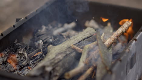 coal smoking in barbecue grill in forest. open smoke getting ready for cooking