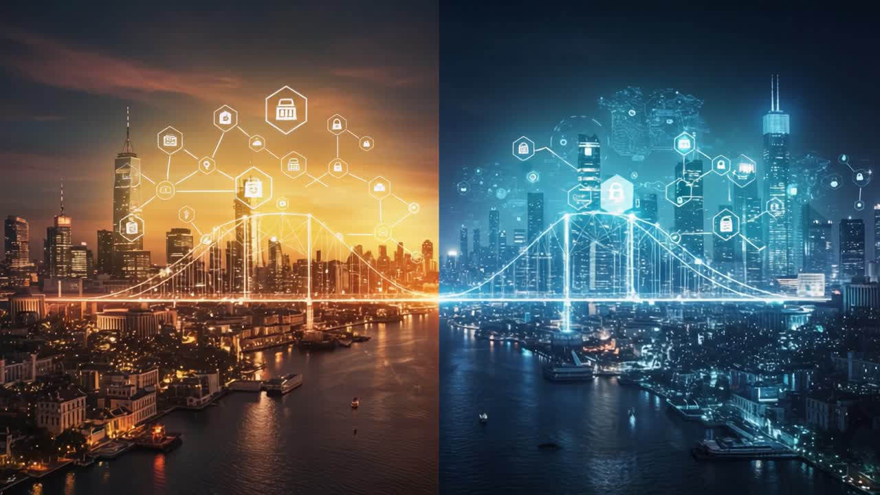 Una transizione vibrante: esplorando il contrasto tra un vivace paesaggio urbano al tramonto e un paesaggio urbano futuristico illuminato da icone di connettività digitale