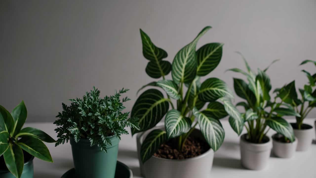Video showcasing a minimalist style with a side angle view of potted plants against a neutral
