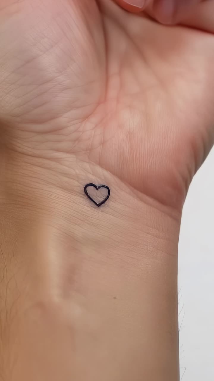 Vídeo vertical: la cámara se acerca a la muñeca; la muñeca permanece firme y muestra un pequeño tatuaje de corazón negro