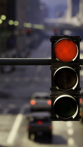 traffic light displaying red in a busy downtown area during daylight hours