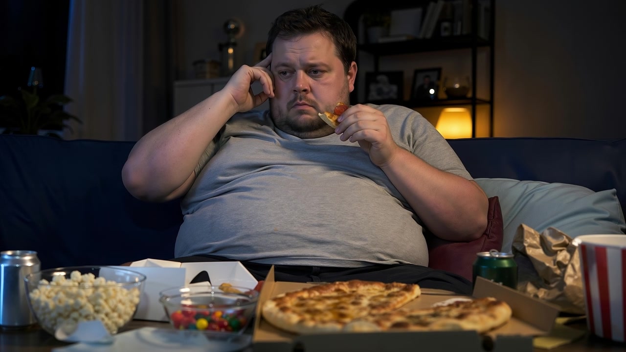 Plus size man sitting on a sofa eating pizza and snacks late at night