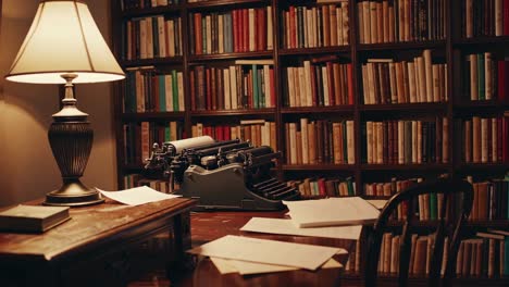 cozy library scene with a vintage typewriter on a wooden desk, softly lit by a lamp