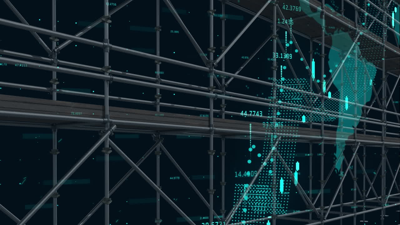 Animation of financial data processing over world map and scaffolding