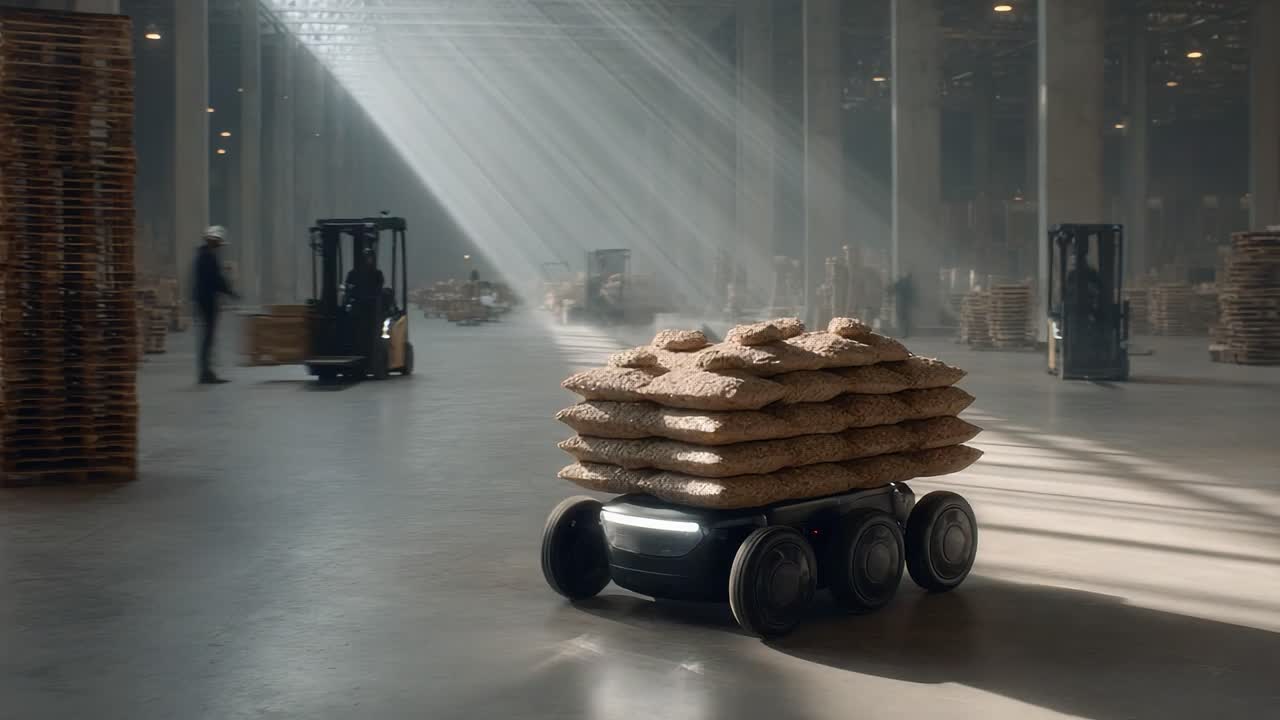 Autonomous Delivery Robot Navigating Warehouse with Load of Bags, Showcasing Advanced Robotics and Modern Logistics Solutions in Action