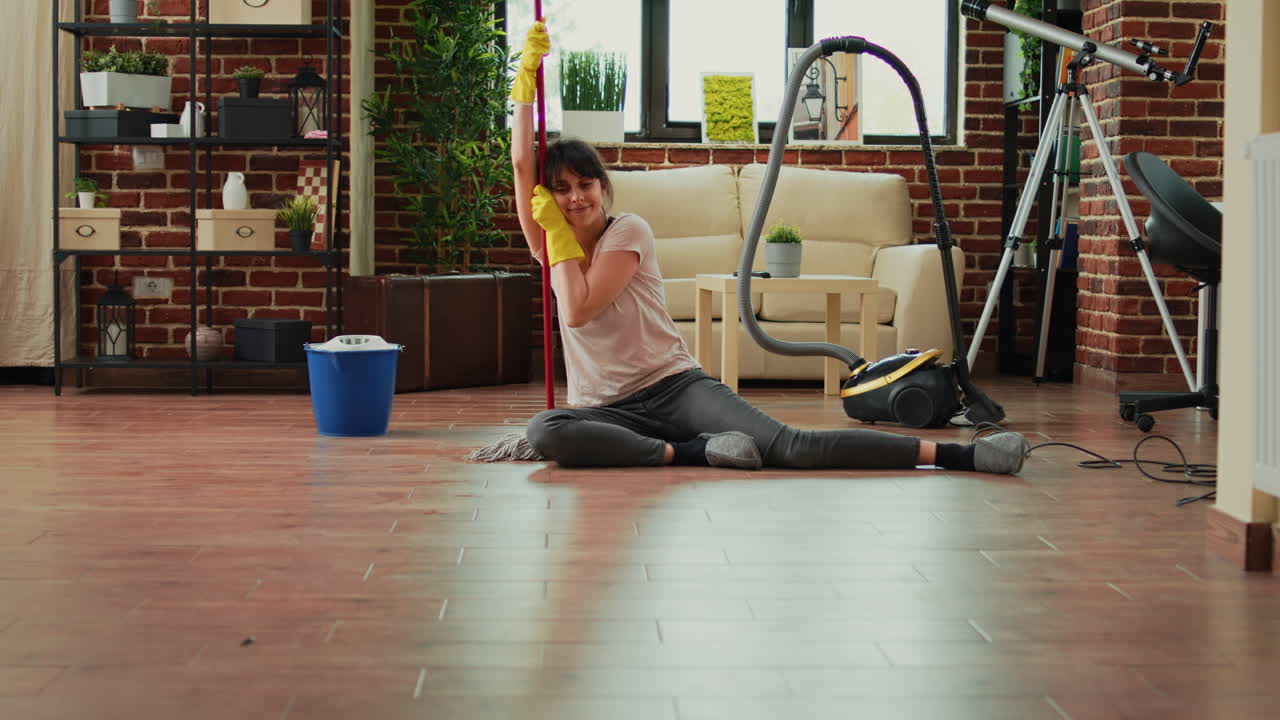 Female person feeling tired after finishing spring cleaning