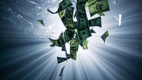Dramatic low-angle shot of money falling underwater, illuminated by sun rays, creating a cinematic