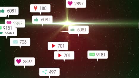 animación de iconos y números de redes sociales en banderas blancas sobre estrellas en el cielo nocturno