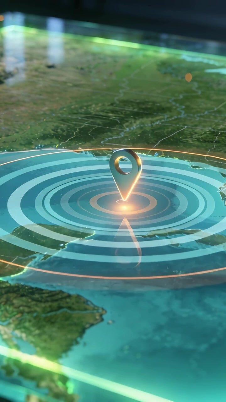 Vertical video: Appearing metallic pin beaming and pulsing rings on 3D coastal map, marking target