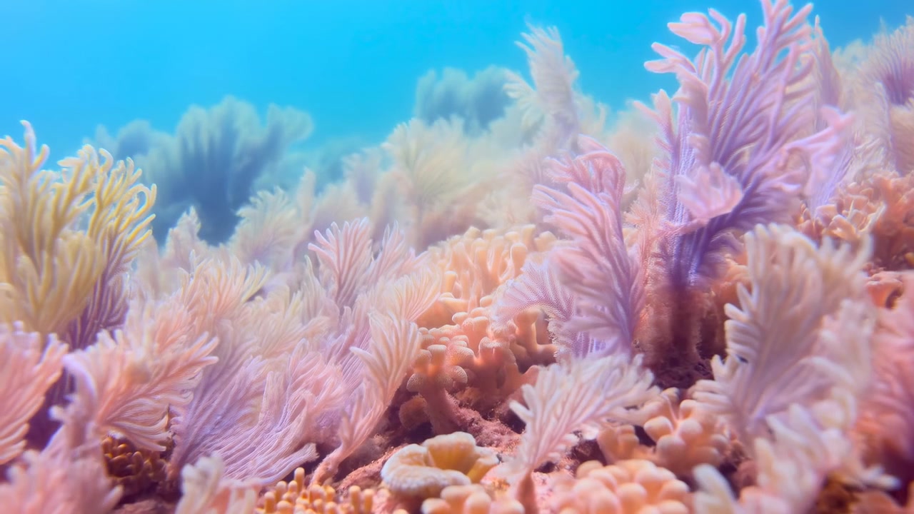 Arrecife de coral pastel meciéndose bajo el agua, con delicados abanicos de gorgonias y suaves anémonas ondeando en una luz turquesa.