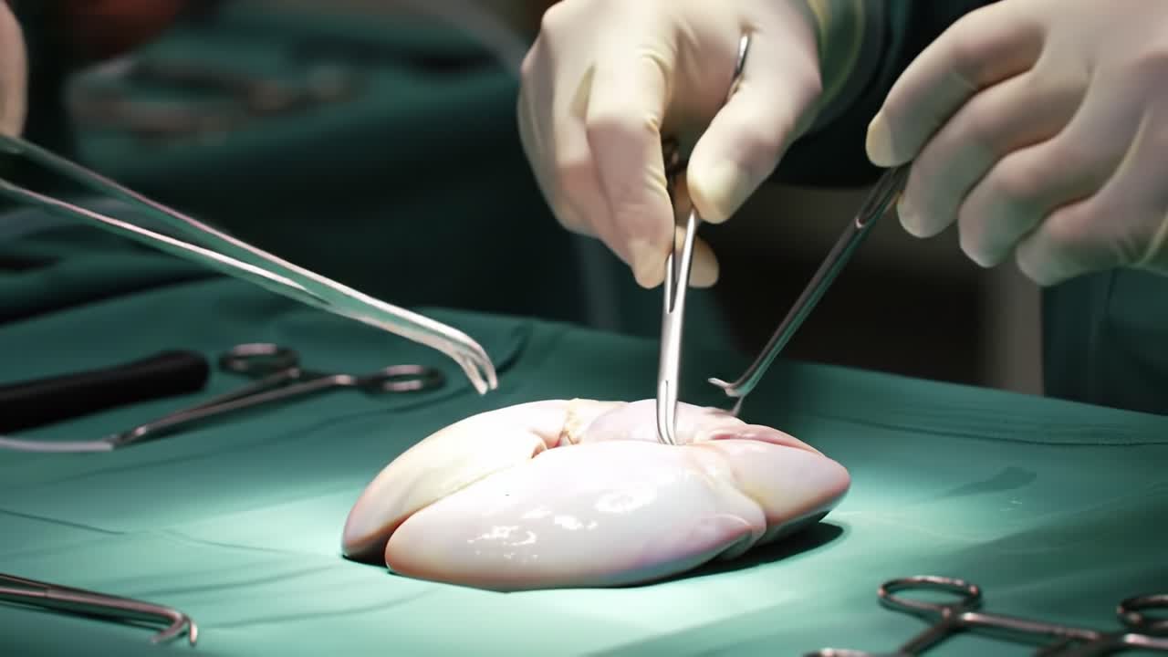 Surgical Procedure in Progress: Detailed Examination and Dissection of Specimen in a Controlled Medical Environment
