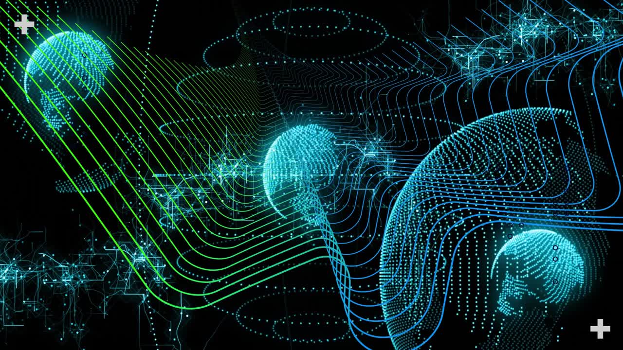 Connecting transparent dotted globes with neon green and blue curved lines in digital flat design