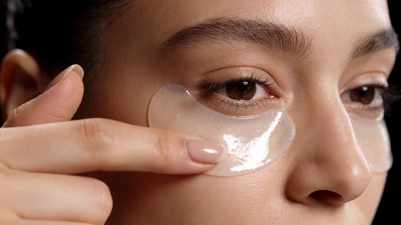 Model smoothing right-eye area after finger tap, pressing hydrogel patch inward to adhere in studio