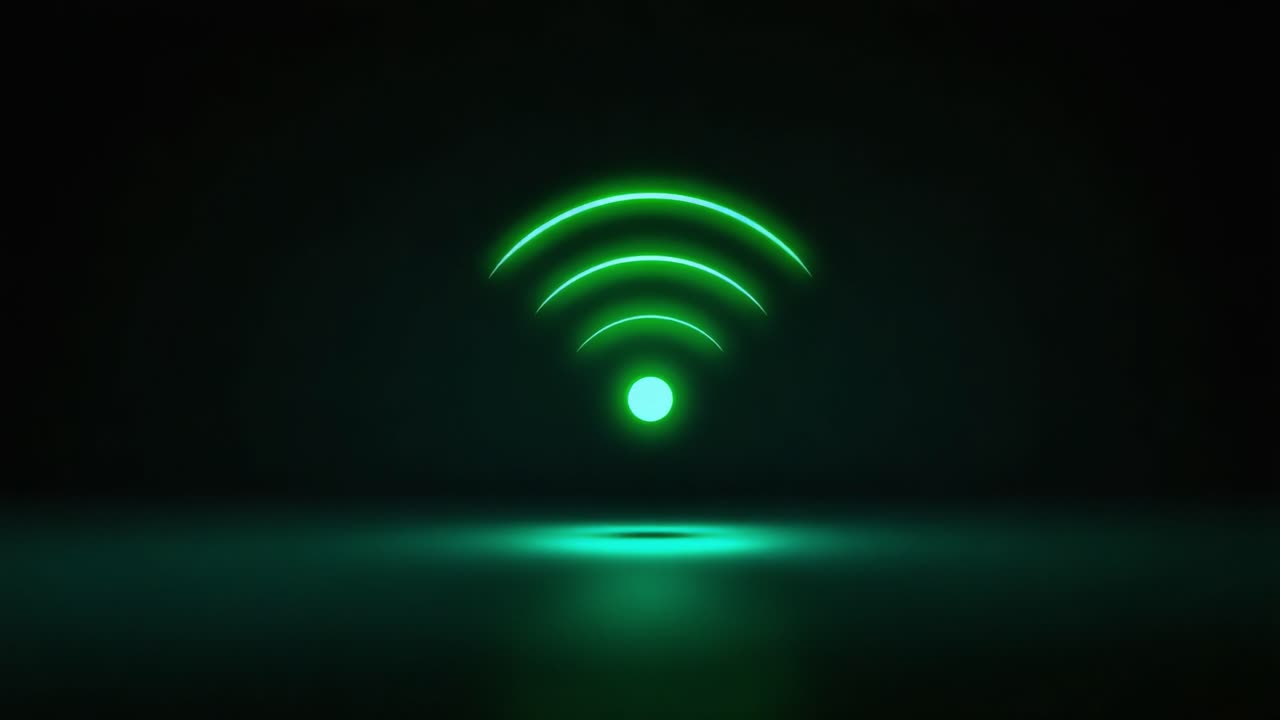 A Futuristic Visualization of Wireless Connectivity Represented by Vibrant Green Waves and a Central Sphere, Suggesting Signals Emitting from a Central Point