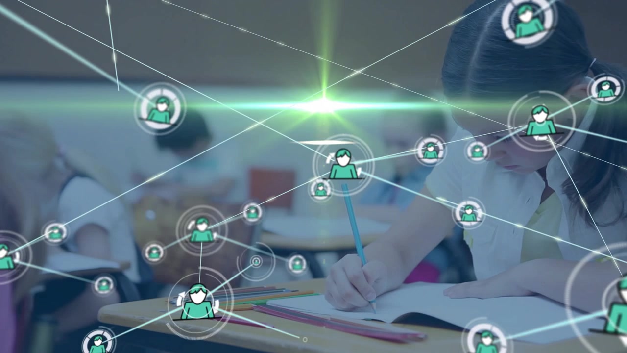 Girl writing at desk, classroom icons emerging at center linking into overlay showing peer network