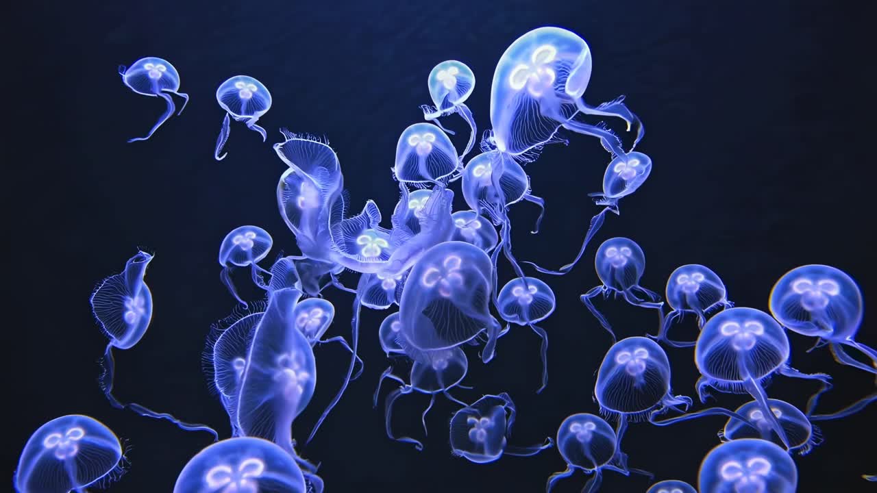 Un ipnotico video subacqueo girato dall'alto, che cattura meduse luminose in un oceano sereno e buio