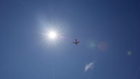 airplane flying in a clear blue sky with bright sun