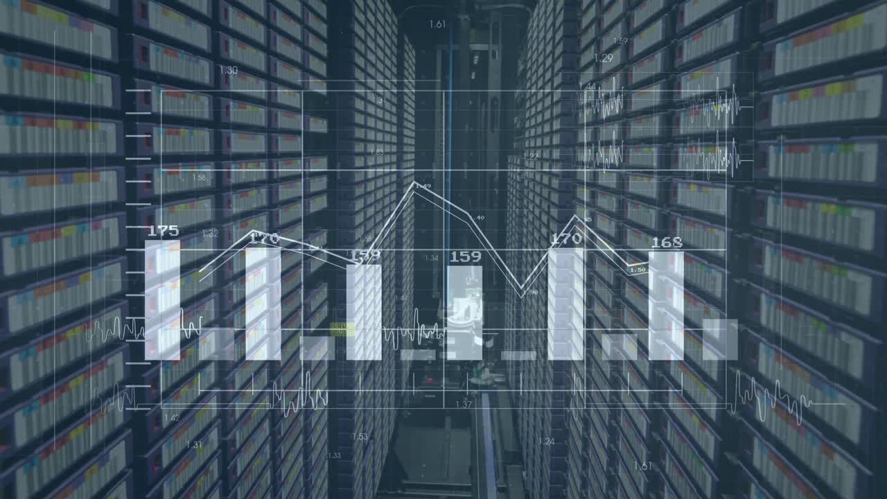 Animation of financial data processing over server room