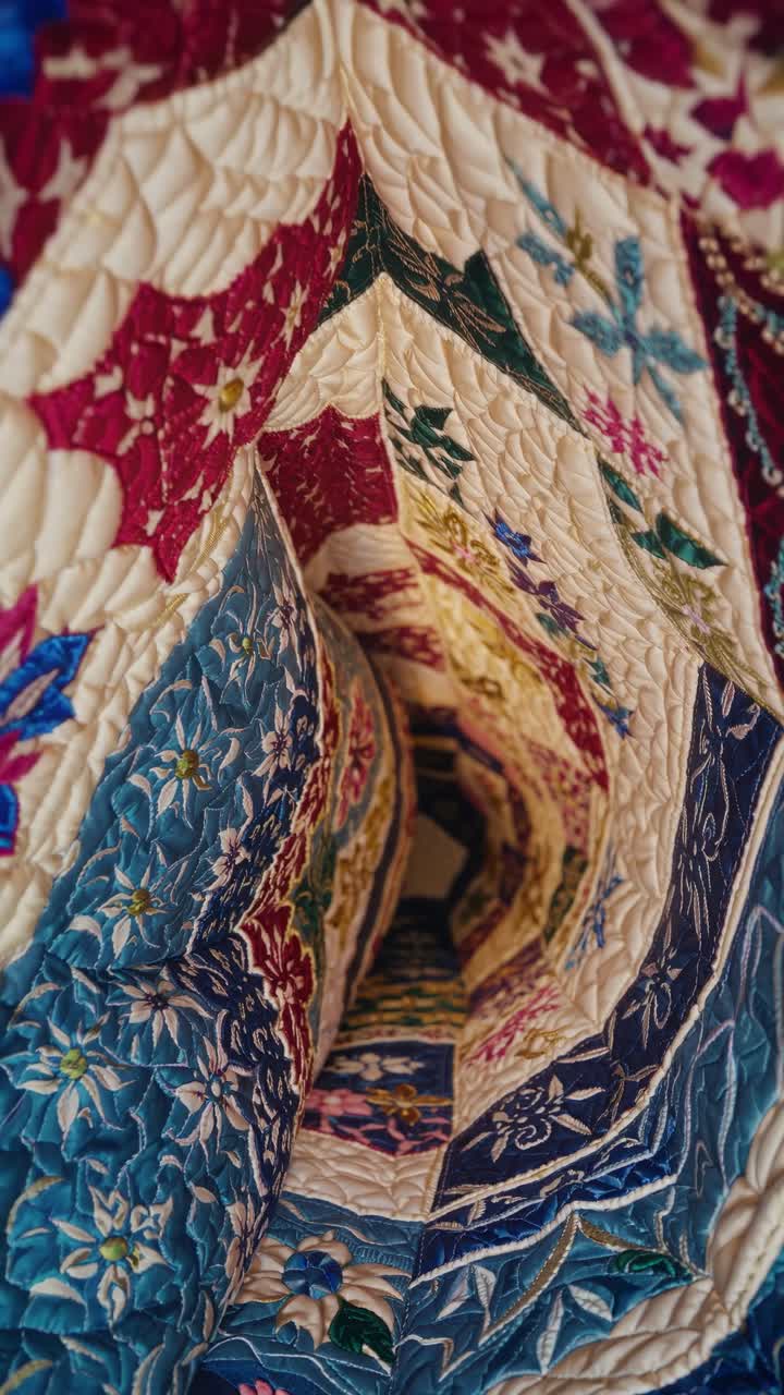 Close-up of a Colorful Embroidered Quilt with Intricate Patterns