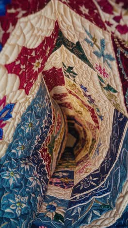close-up of a colorful embroidered quilt with intricate patterns