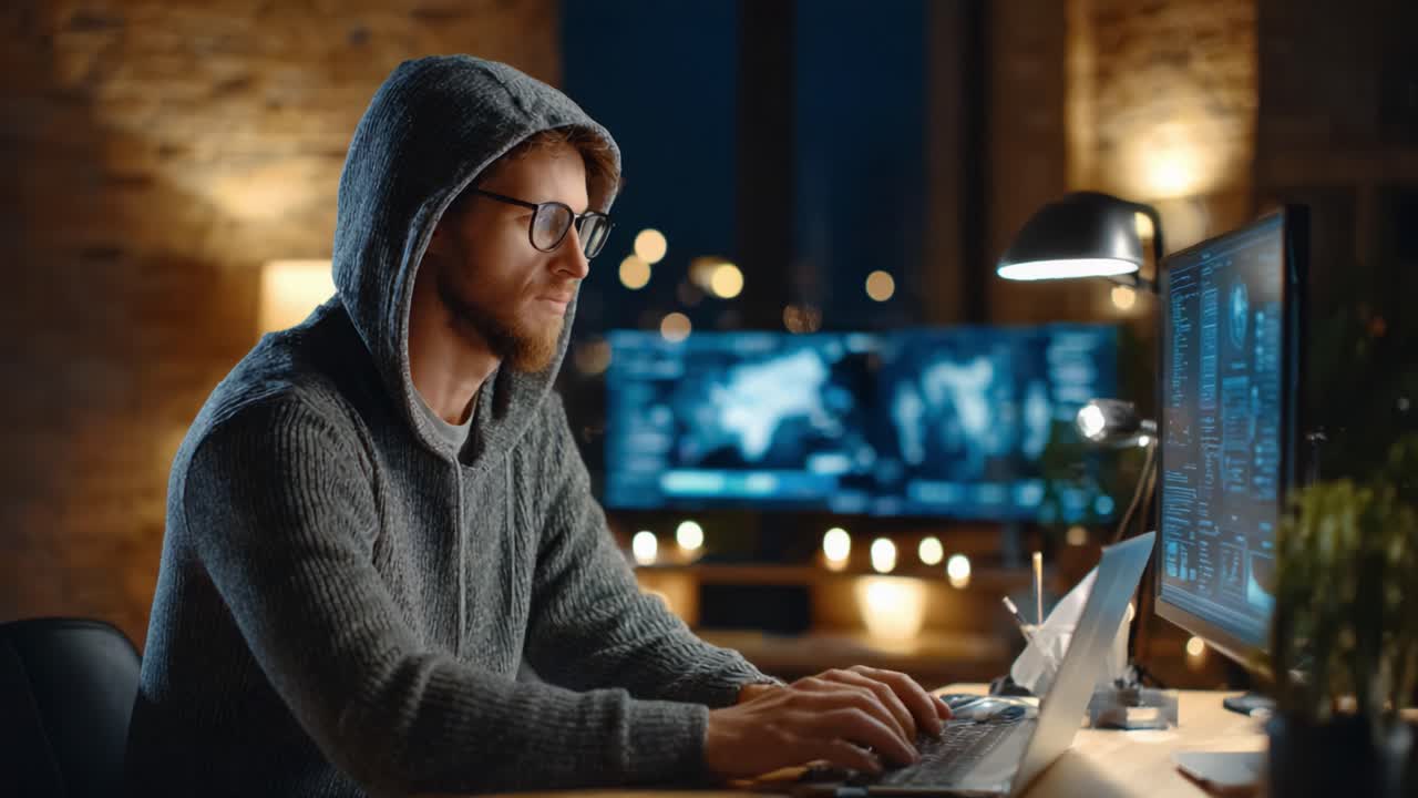 Focused Individual in Hoodie Working Late at Night on Computer, Engaged in Analysis and Coding with Screens Displaying Data and Graphics in a Modern Workspace