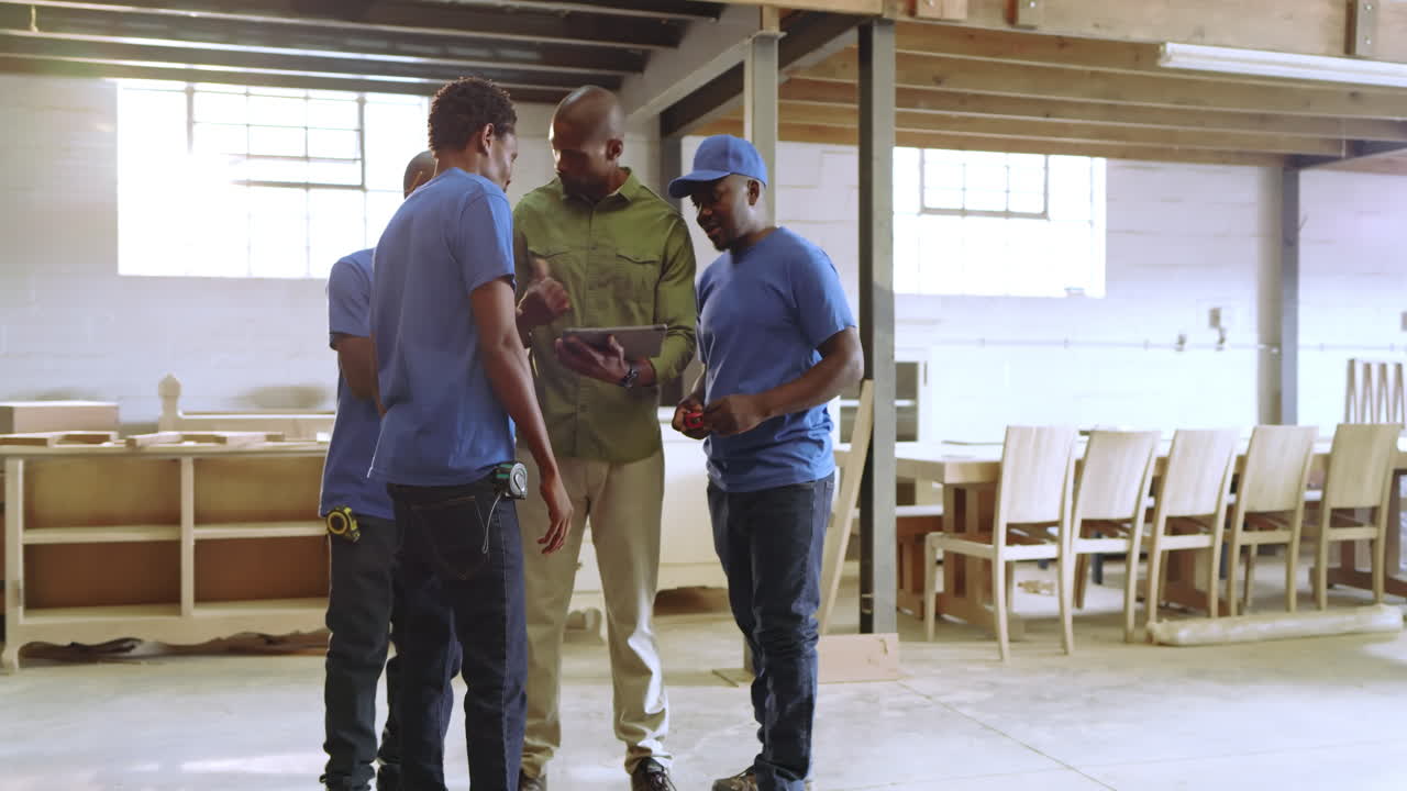 African American carpenters reviewing cabinet plans on tablet with supervisor in shop, copy space