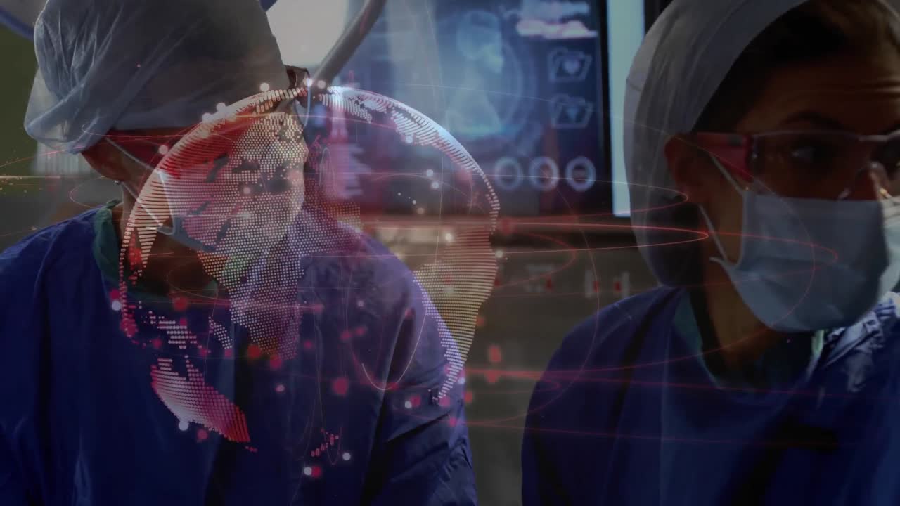 animación de la red de conexiones y globo sobre los cirujanos en el quirófano